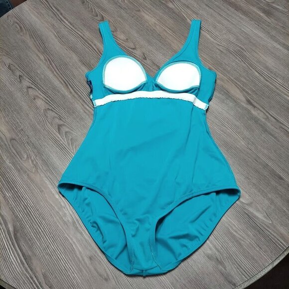 Jantzen Classics Women's Teal Ruched Hi-Cut V-Neck One-Piece Bathing Swimsuit - Picture 5 of 8